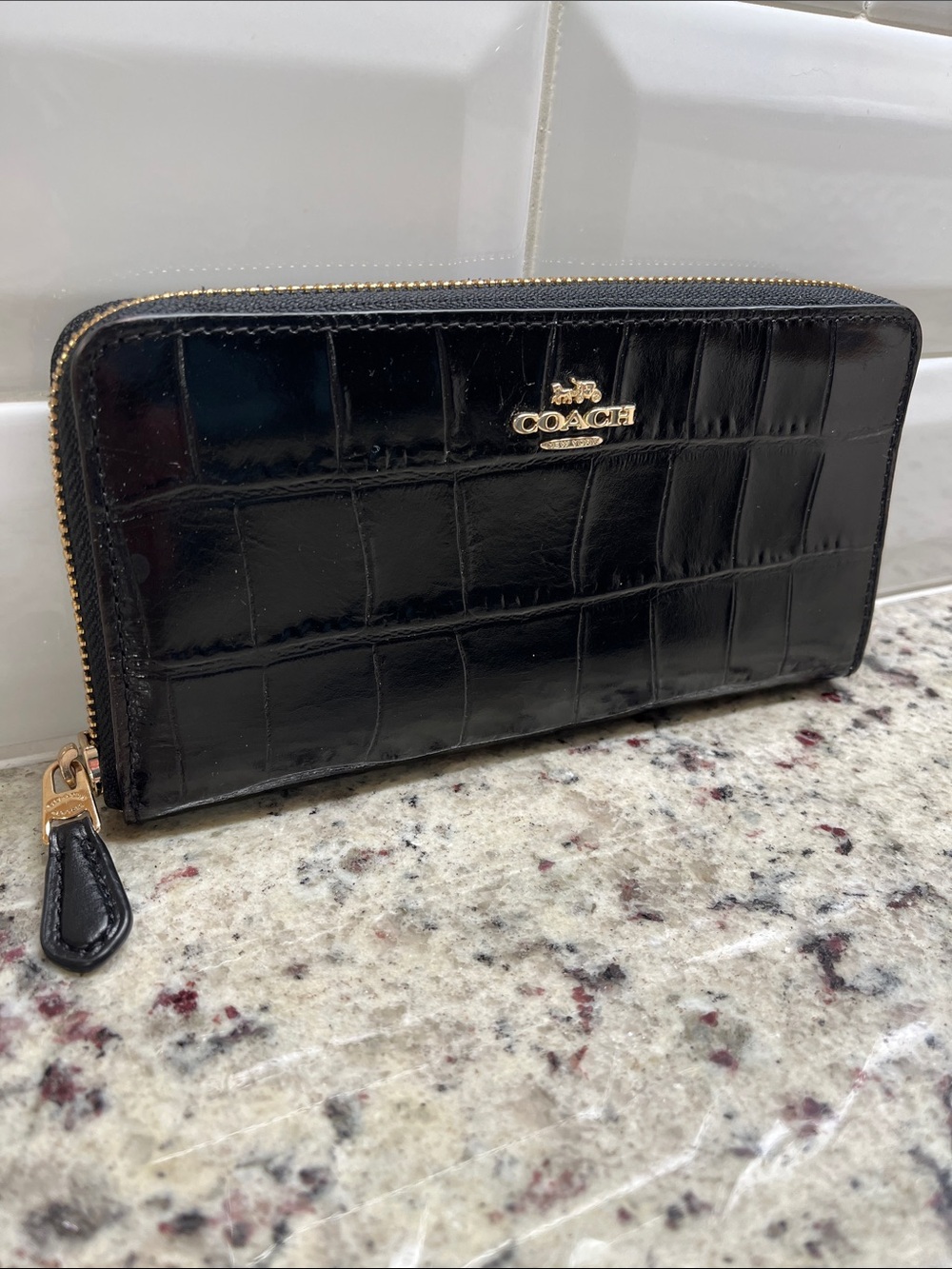 Coach Long Zip Around Black Patent Leather Croc Embossed Wallet NWOT - Picture 3 of 12